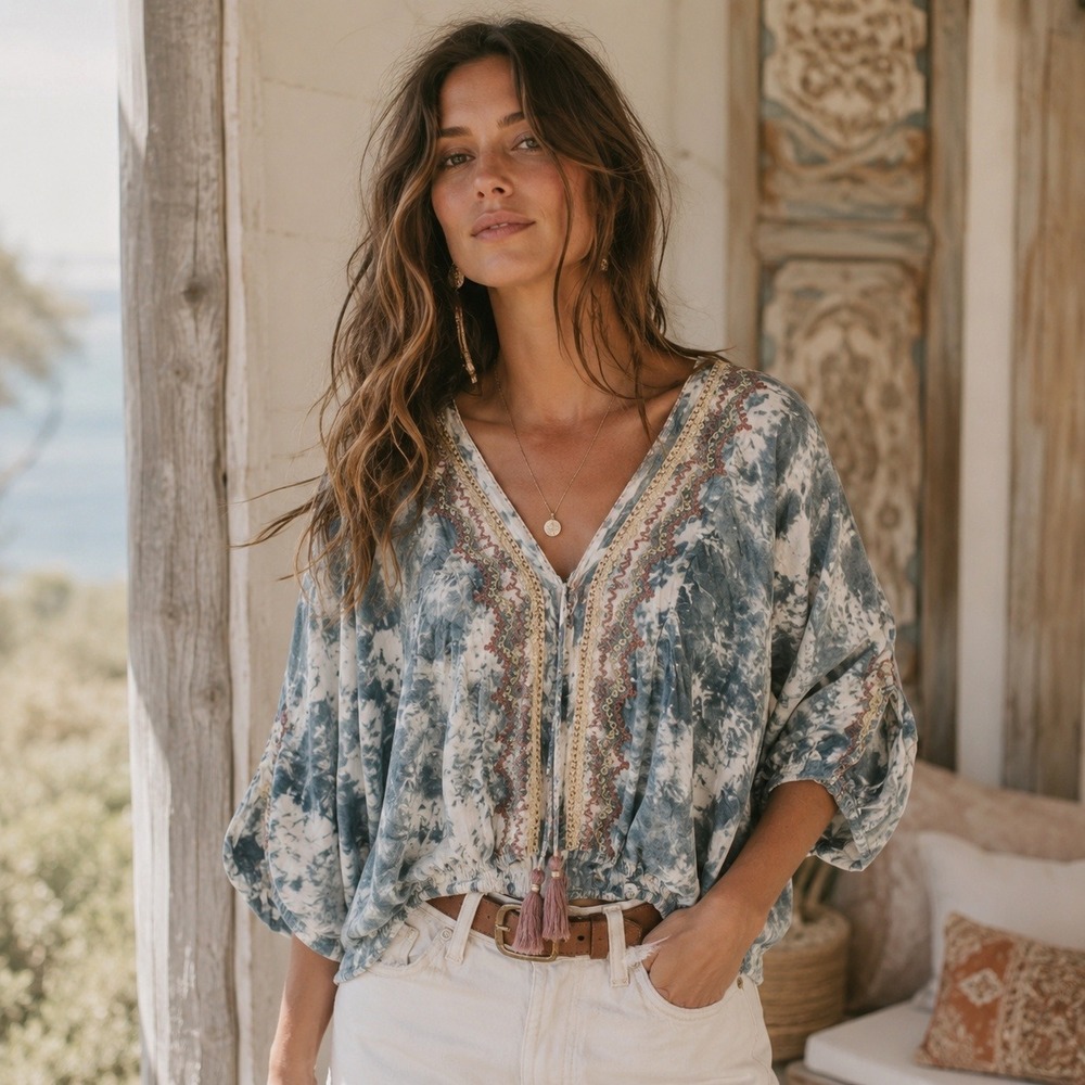Skemo Blue Tie Dye Embroidered V-Neck Blouse Tassels Size M Boho Hippie Festival - Picture 1 of 11